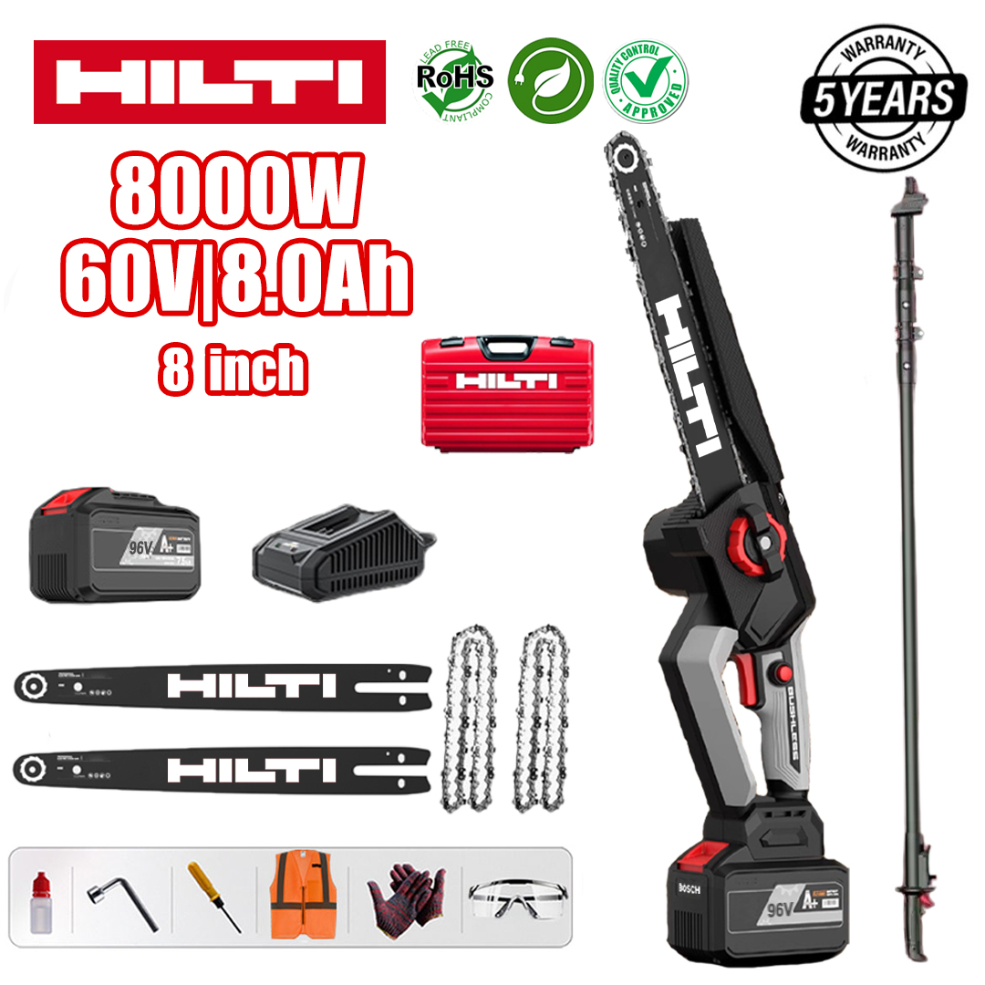 【Varilla de extensión: 1,5 M ~ 2,6 M】Pantalla de potencia LED - (10 horas de duración de la batería) Sierra de litio sin carbono de 8 pulgadas de 8000 W + batería de 60 V 8,0 Ah * 1 + cargador + placa guía * 2 + cadena * 2 + caja de herramientas + lubricante + gafas protectoras, 10 años de garantía